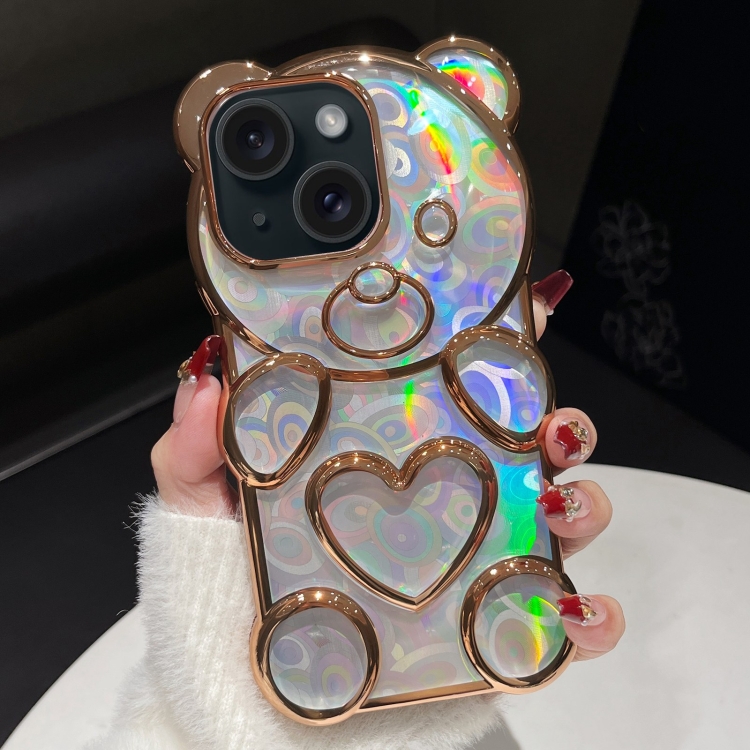 

For iPhone 15 Bear Shape Electroplated Laser TPU Phone Case(Gold)
