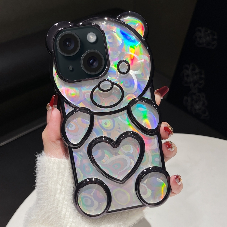 

For iPhone 15 Bear Shape Electroplated Laser TPU Phone Case(Black)