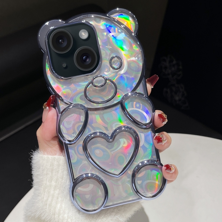 

For iPhone 15 Bear Shape Electroplated Laser TPU Phone Case(Blue)
