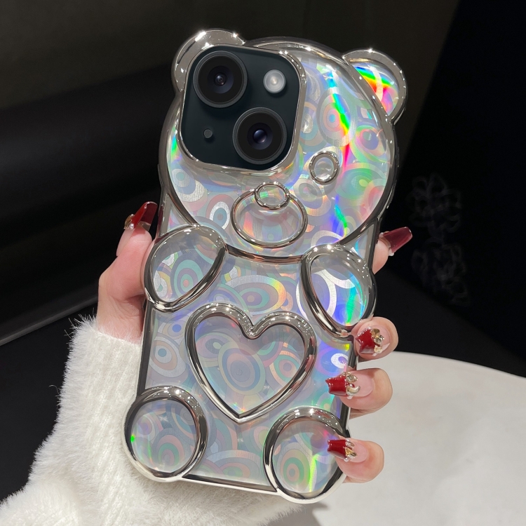 

For iPhone 15 Bear Shape Electroplated Laser TPU Phone Case(Silver)
