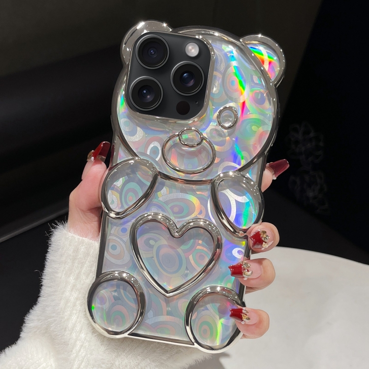 

For iPhone 13 Pro Bear Shape Electroplated Laser TPU Phone Case(Silver)