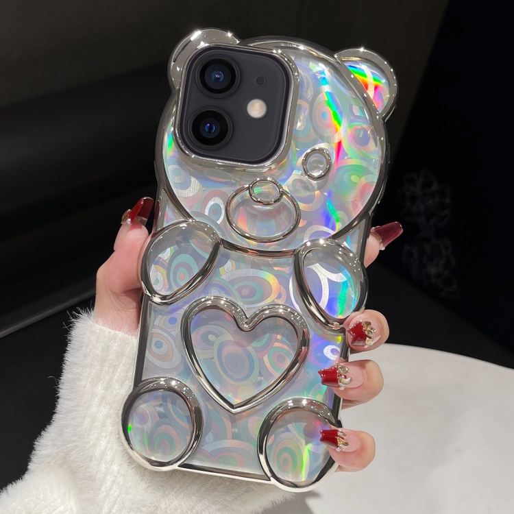 

For iPhone 12 Bear Shape Electroplated Laser TPU Phone Case(Silver)
