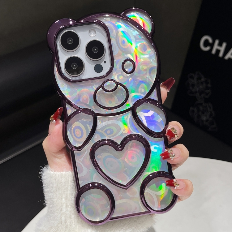 

For iPhone 16 Pro Bear Shape Electroplated Laser TPU Phone Case(Purple)