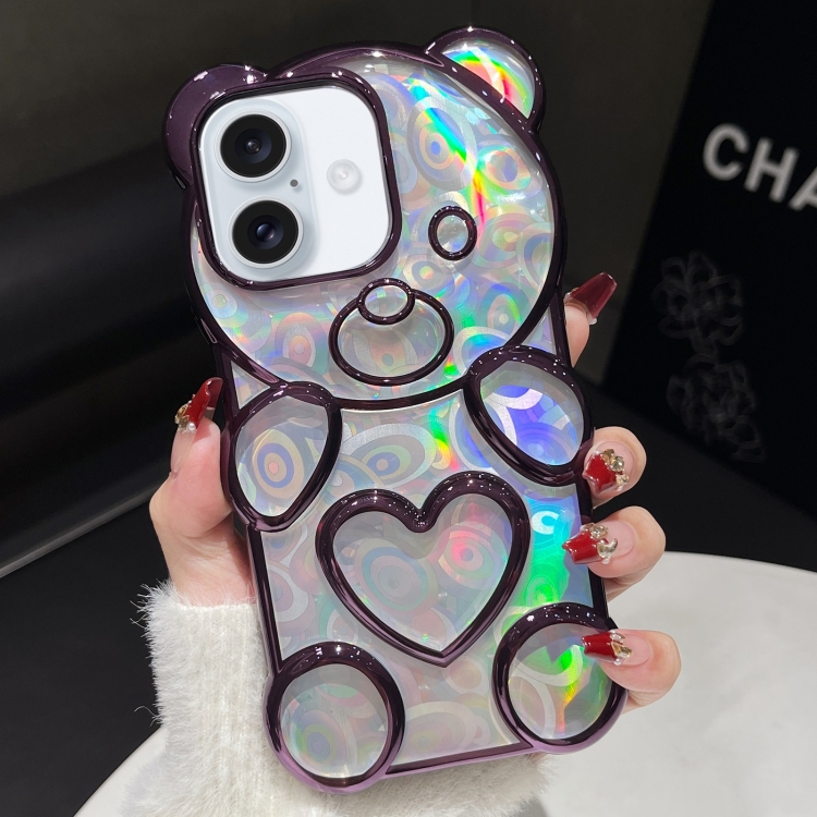 

For iPhone 16 Bear Shape Electroplated Laser TPU Phone Case(Purple)
