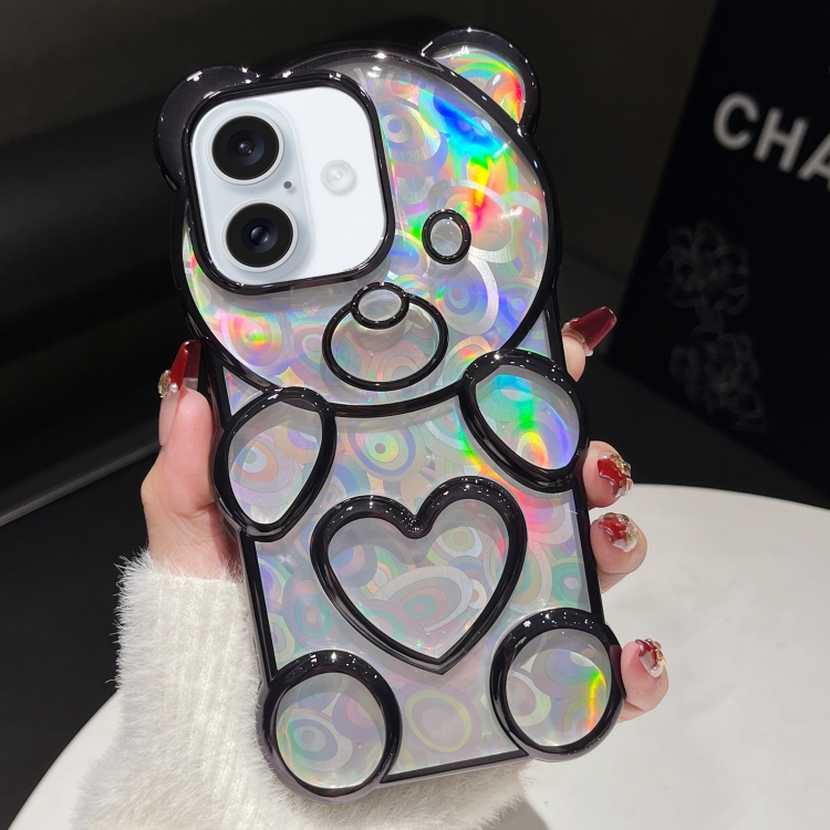 

For iPhone 16 Bear Shape Electroplated Laser TPU Phone Case(Black)