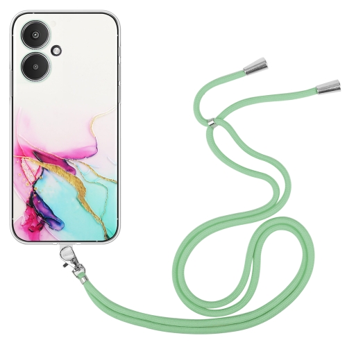 

For Xiaomi Redmi 13C 5G / Poco M6 / Redmi 13R Hollow Marble Pattern TPU Phone Case with Neck Strap Rope(Green)