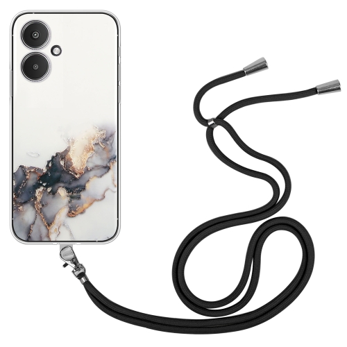 

For Xiaomi Redmi 13C 5G / Poco M6 / Redmi 13R Hollow Marble Pattern TPU Phone Case with Neck Strap Rope(Black)