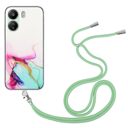 

For Xiaomi Redmi 13C 4G / Poco C65 Hollow Marble Pattern TPU Phone Case with Neck Strap Rope(Green)