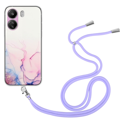 

For Xiaomi Redmi 13C 4G / Poco C65 Hollow Marble Pattern TPU Phone Case with Neck Strap Rope(Pink)