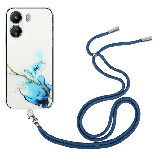 

For Xiaomi Redmi 13C 4G / Poco C65 Hollow Marble Pattern TPU Phone Case with Neck Strap Rope(Blue)