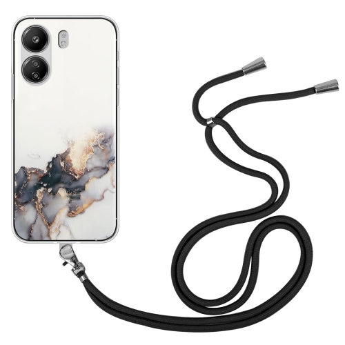 

For Xiaomi Redmi 13C 4G / Poco C65 Hollow Marble Pattern TPU Phone Case with Neck Strap Rope(Black)
