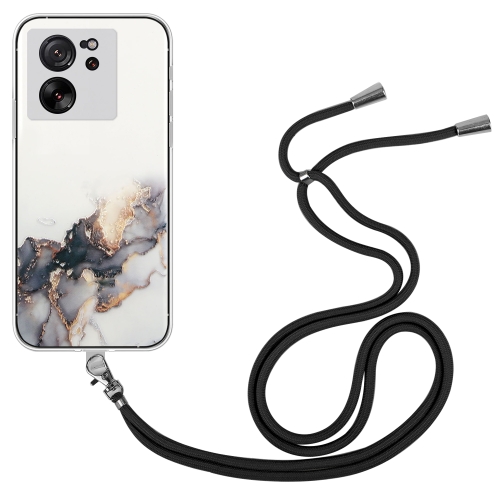 

For Xiaomi 13T / 13T Pro Hollow Marble Pattern TPU Phone Case with Neck Strap Rope(Black)