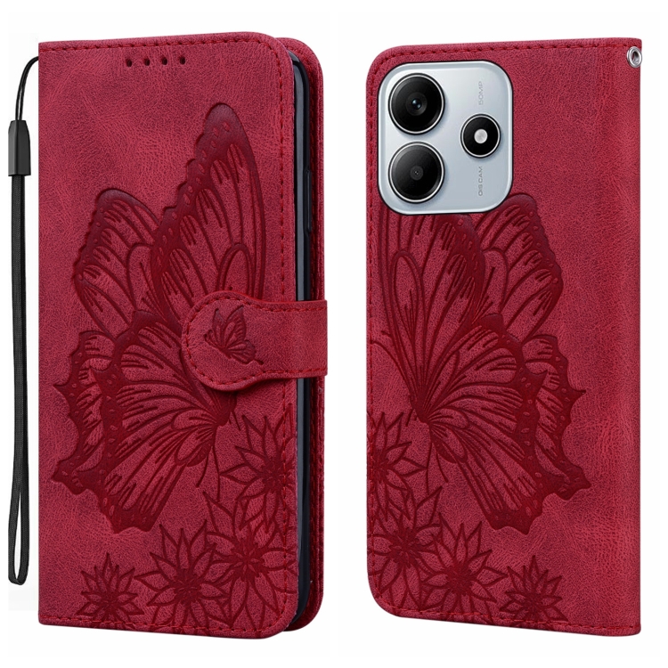 

For Redmi Note 14 5G Retro Skin Feel Butterflies Embossing Horizontal Flip Leather Phone Case(Red)