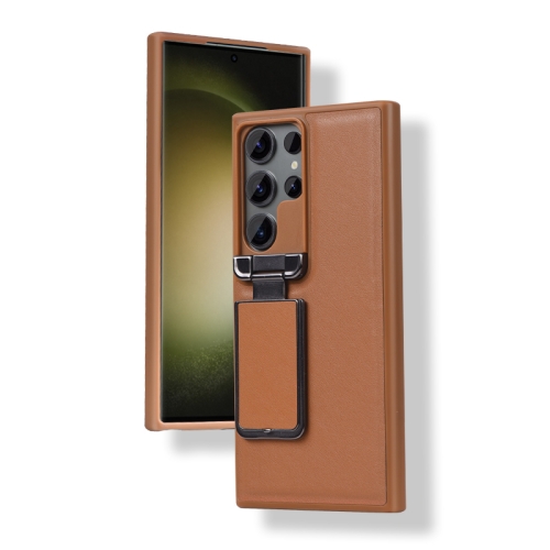 

For Samsung Galaxy S23 Ultra 5G Lens Flip Cover All-inclusive Phone Case with Holder(Brown)