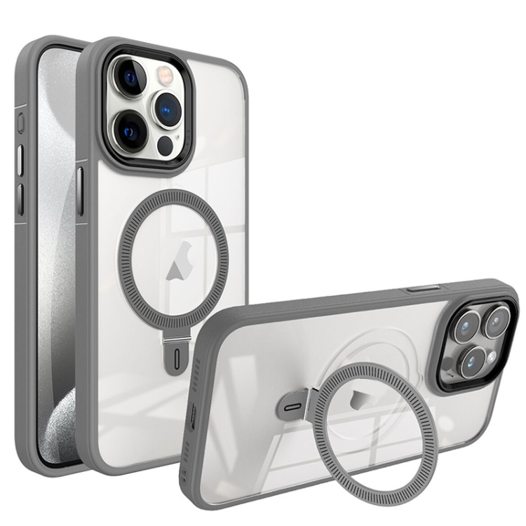 

For iPhone 15 Pro Shield Armor MagSafe Holder Phone Case(Grey)