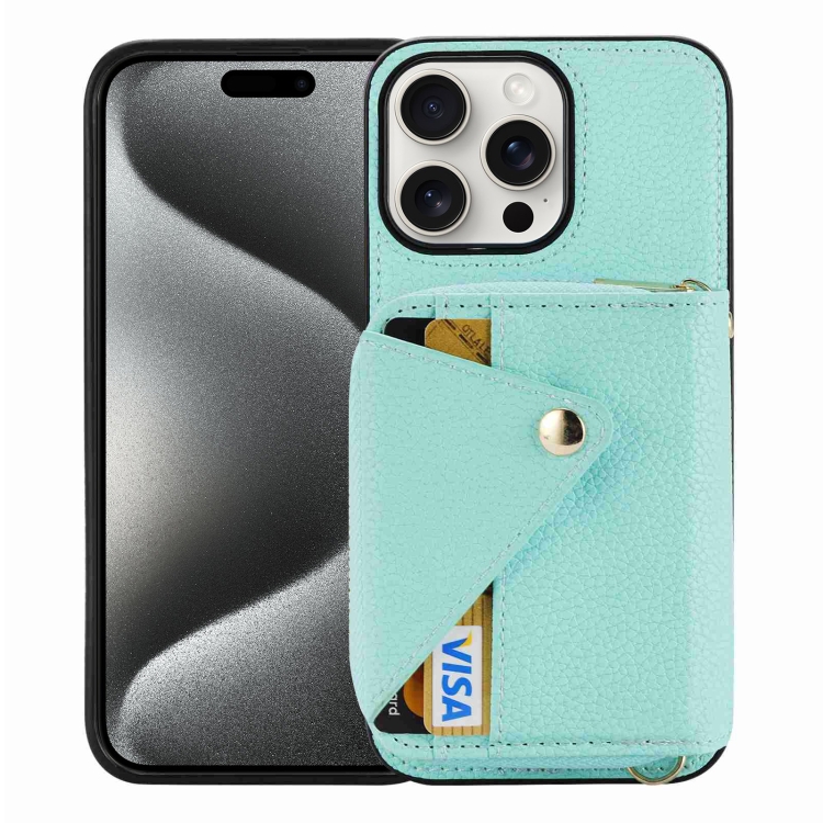 

For iPhone 15 Pro Max Crossbody Zipper Card Bag RFID Anti-theft Phone Case(Mint Green)