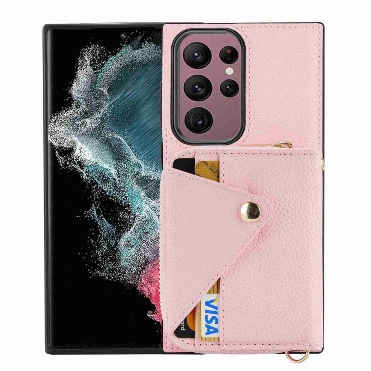 

For Samsung Galaxy S22 Ultra 5G Crossbody Zipper Card Bag RFID Anti-theft Phone Case(Pink)
