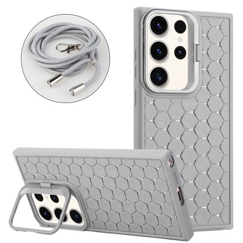 

For Samsung Galaxy S24 Ultra 5G Honeycomb Radiating Lens Holder Magsafe Phone Case with Lanyard(Grey)