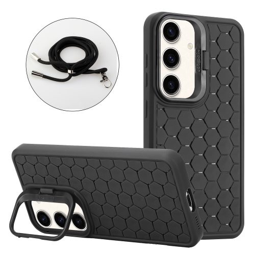 

For Samsung Galaxy S24+ 5G Honeycomb Radiating Lens Holder Magsafe Phone Case with Lanyard(Black)