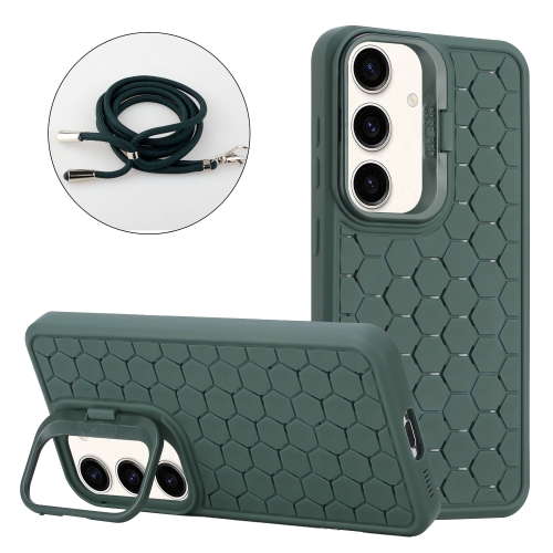 

For Samsung Galaxy S23 FE 5G Honeycomb Radiating Lens Holder Magsafe Phone Case with Lanyard(Green)