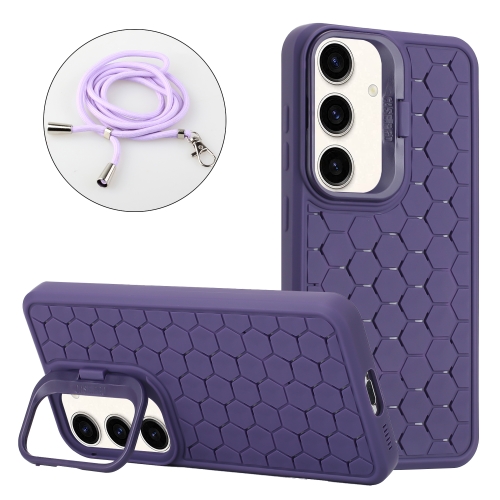 

For Samsung Galaxy S23 FE 5G Honeycomb Radiating Lens Holder Magsafe Phone Case with Lanyard(Purple)