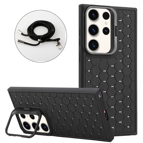 

For Samsung Galaxy S23 Ultra 5G Honeycomb Radiating Lens Holder Magsafe Phone Case with Lanyard(Black)