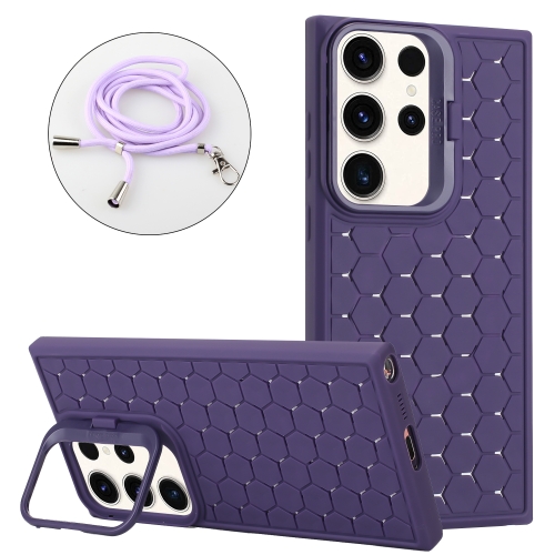 

For Samsung Galaxy S23 Ultra 5G Honeycomb Radiating Lens Holder Magsafe Phone Case with Lanyard(Purple)