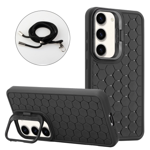 

For Samsung Galaxy S23+ 5G Honeycomb Radiating Lens Holder Magsafe Phone Case with Lanyard(Black)