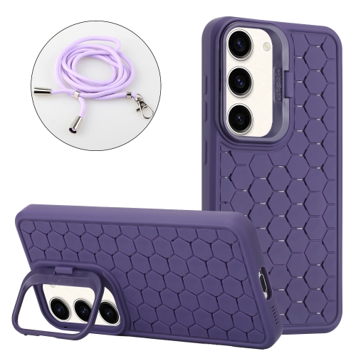 

For Samsung Galaxy S23+ 5G Honeycomb Radiating Lens Holder Magsafe Phone Case with Lanyard(Purple)