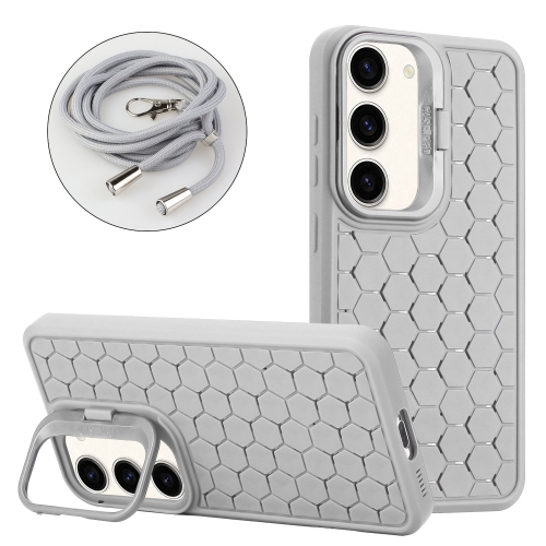 

For Samsung Galaxy S23+ 5G Honeycomb Radiating Lens Holder Magsafe Phone Case with Lanyard(Grey)