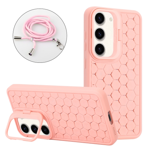 

For Samsung Galaxy S23 5G Honeycomb Radiating Lens Holder Magsafe Phone Case with Lanyard(Pink)