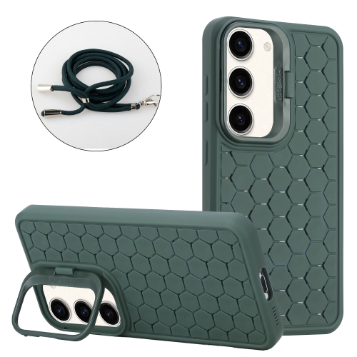 

For Samsung Galaxy S23 5G Honeycomb Radiating Lens Holder Magsafe Phone Case with Lanyard(Green)