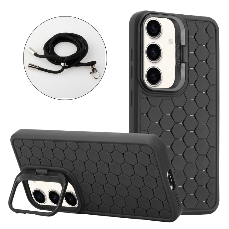

For Samsung Galaxy A05s EU Edition Honeycomb Radiating Lens Holder Magsafe Phone Case with Lanyard(Black)