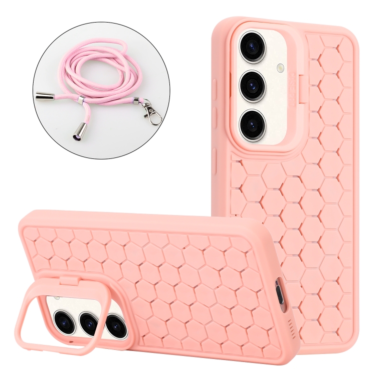 

For Samsung Galaxy A14 5G Honeycomb Radiating Lens Holder Magsafe Phone Case with Lanyard(Pink)