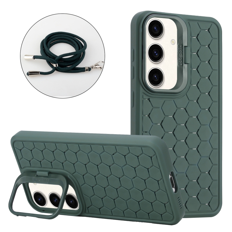 

For Samsung Galaxy A24 Honeycomb Radiating Lens Holder Magsafe Phone Case with Lanyard(Green)