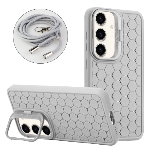 

For Samsung Galaxy A25 5G Honeycomb Radiating Lens Holder Magsafe Phone Case with Lanyard(Grey)