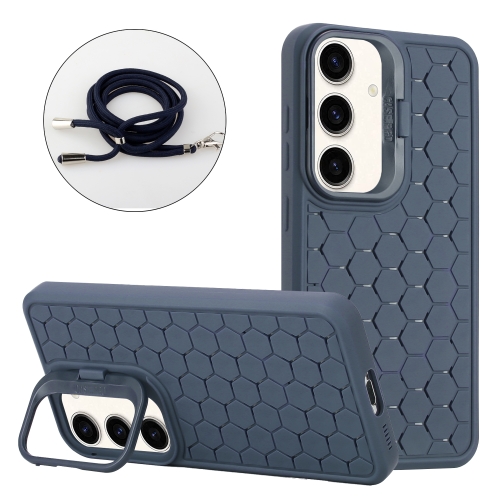 

For Samsung Galaxy A35 5G Honeycomb Radiating Lens Holder Magsafe Phone Case with Lanyard(Blue)