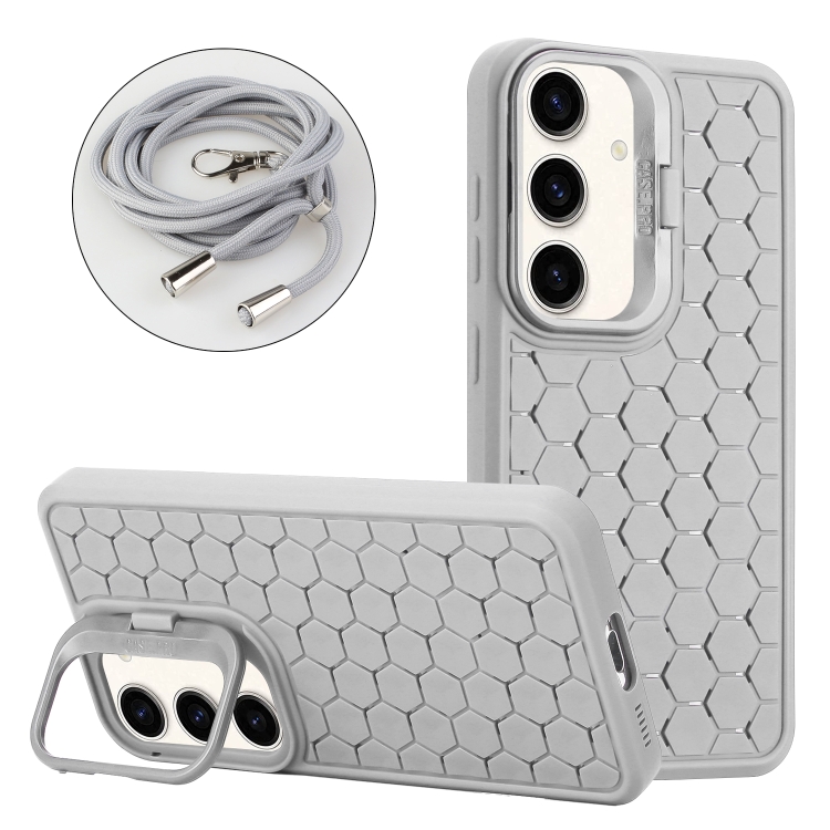 

For Samsung Galaxy A54 5G Honeycomb Radiating Lens Holder Magsafe Phone Case with Lanyard(Grey)