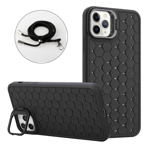 

For iPhone 15 Pro Max Honeycomb Radiating Lens Holder Magsafe Phone Case with Lanyard(Black)