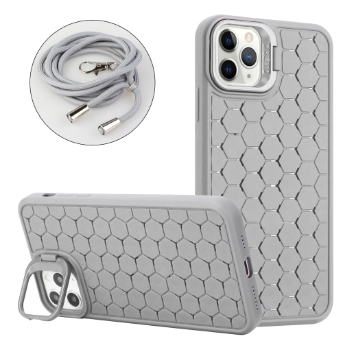 

For iPhone 15 Pro Max Honeycomb Radiating Lens Holder Magsafe Phone Case with Lanyard(Grey)