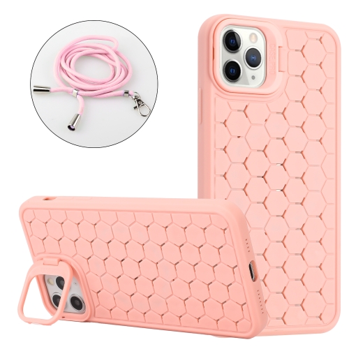 

For iPhone 15 Pro Honeycomb Radiating Lens Holder Magsafe Phone Case with Lanyard(Pink)