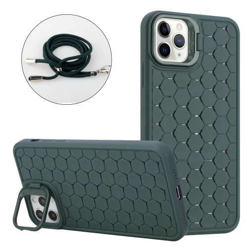 

For iPhone 15 Pro Honeycomb Radiating Lens Holder Magsafe Phone Case with Lanyard(Green)