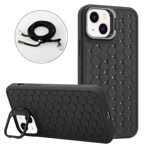 

For iPhone 15 Plus Honeycomb Radiating Lens Holder Magsafe Phone Case with Lanyard(Black)