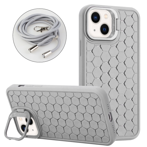 

For iPhone 15 Plus Honeycomb Radiating Lens Holder Magsafe Phone Case with Lanyard(Grey)