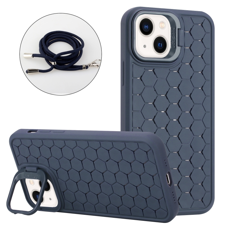 

For iPhone 15 Honeycomb Radiating Lens Holder Magsafe Phone Case with Lanyard(Blue)