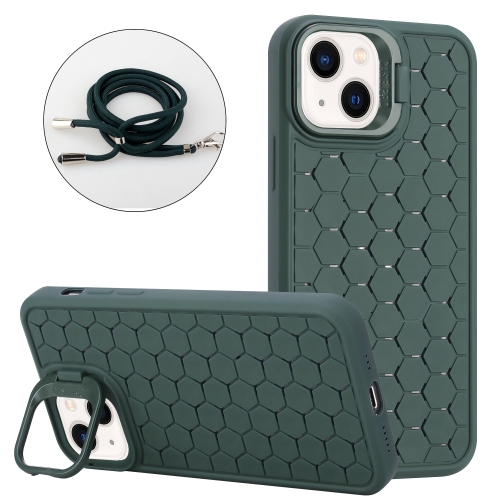 

For iPhone 15 Honeycomb Radiating Lens Holder Magsafe Phone Case with Lanyard(Green)