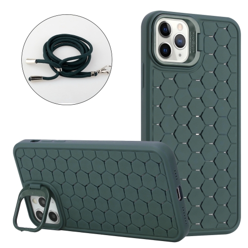 

For iPhone 14 Pro Honeycomb Radiating Lens Holder Magsafe Phone Case with Lanyard(Green)