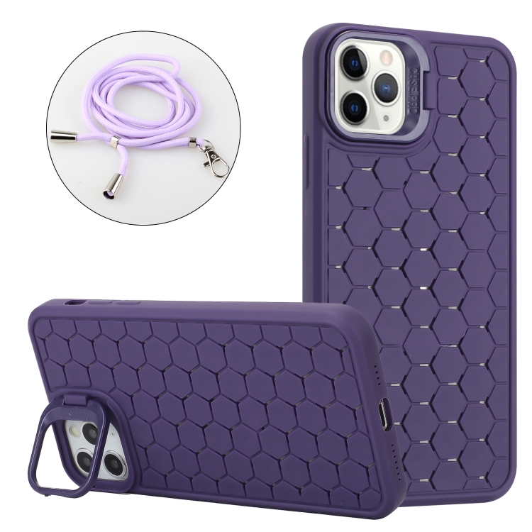 

For iPhone 14 Pro Honeycomb Radiating Lens Holder Magsafe Phone Case with Lanyard(Purple)