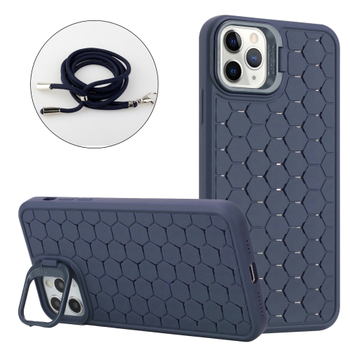 

For iPhone 14 Pro Max Honeycomb Radiating Lens Holder Magsafe Phone Case with Lanyard(Blue)