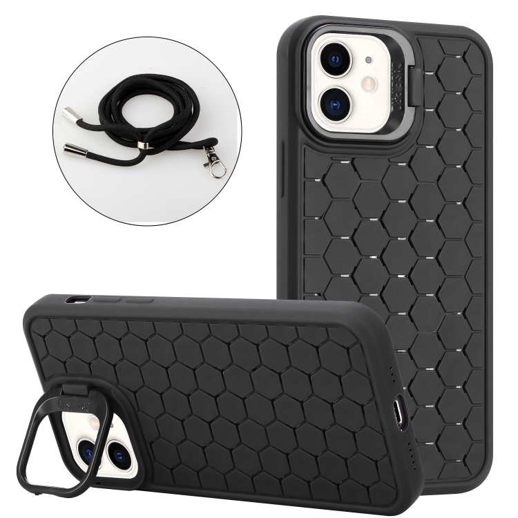 

For iPhone 12 Honeycomb Radiating Lens Holder Magsafe Phone Case with Lanyard(Black)